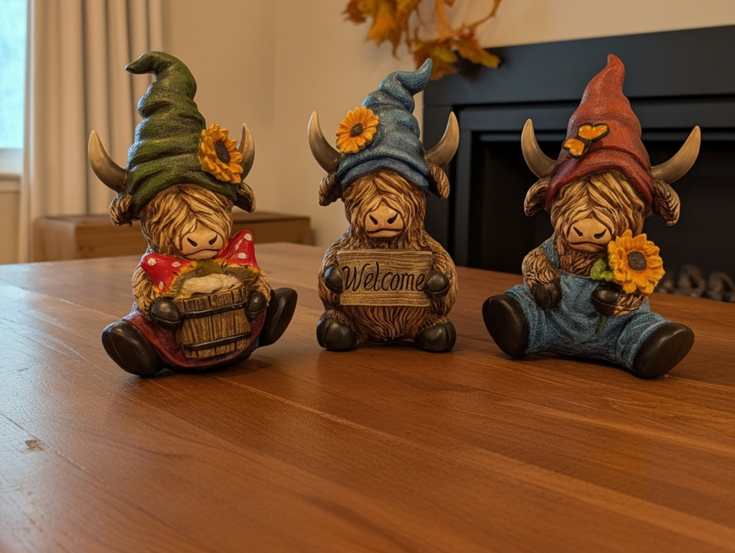 Whimsical Country Charm : 3-piece Highland Cow Gnome Figurine Trio