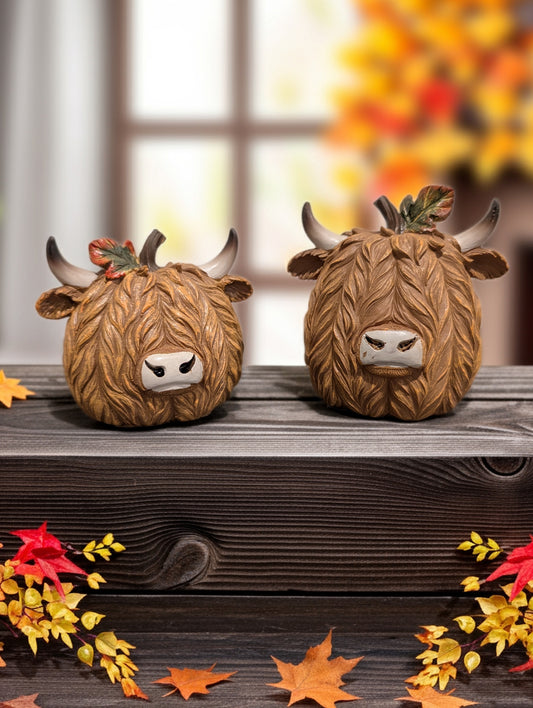2 Pc Autumn Highland Cow Pumpkin Figurines